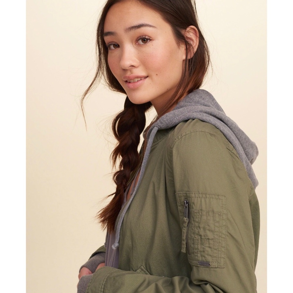 Hollister Army Green Bomber Jacket with Hoodie - Picture 6 of 8